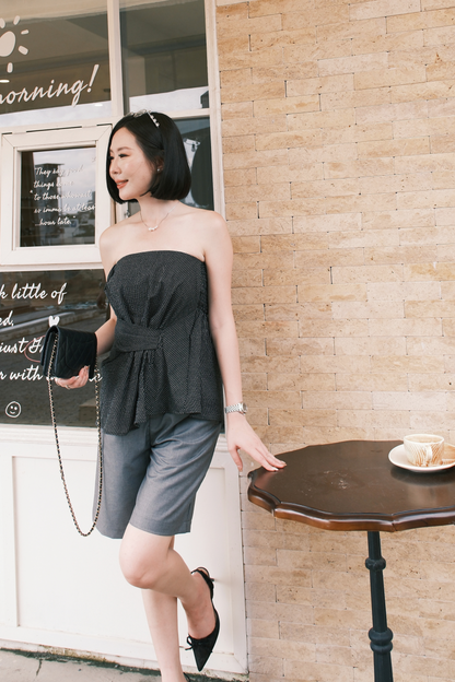 Éloise Strapless Pinstripe Peplum Top in Black