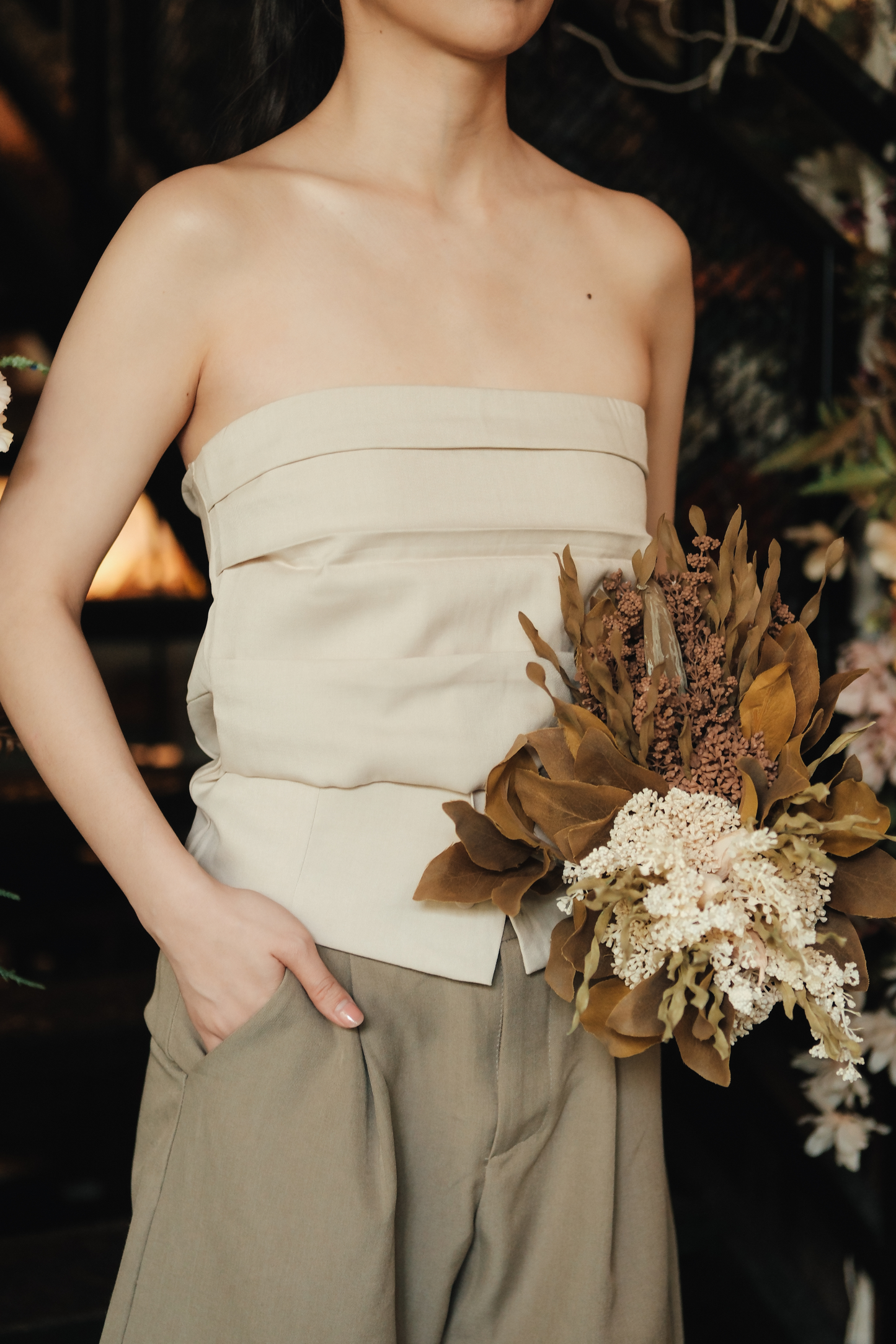 Isaline Ruched Back Tube Blouse in Beige