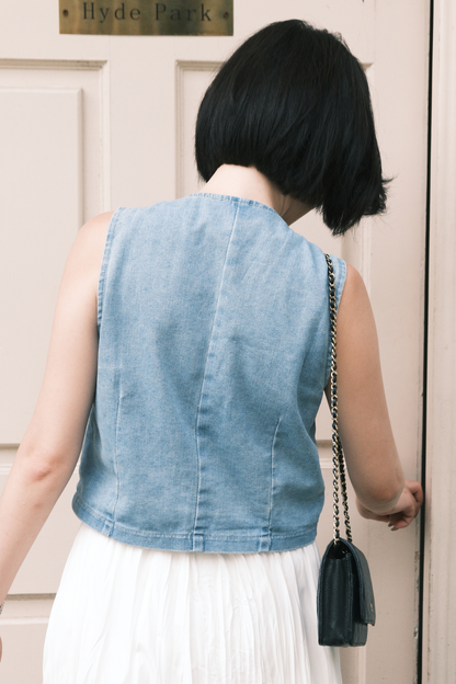 Rhea Lace-Up Denim Vest in Blue