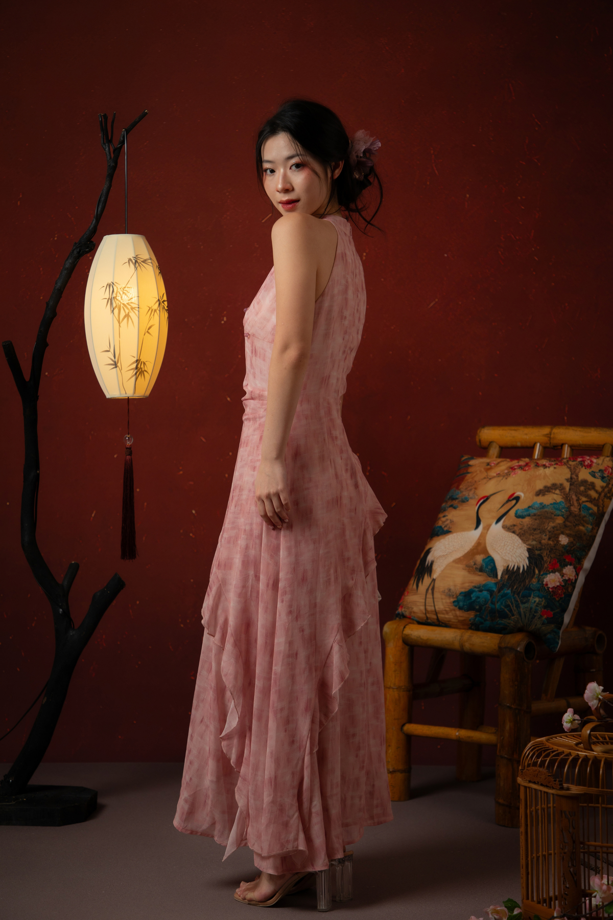 Rosalie Rêve Ruffle Cheongsam Dress in Dusty Rose
