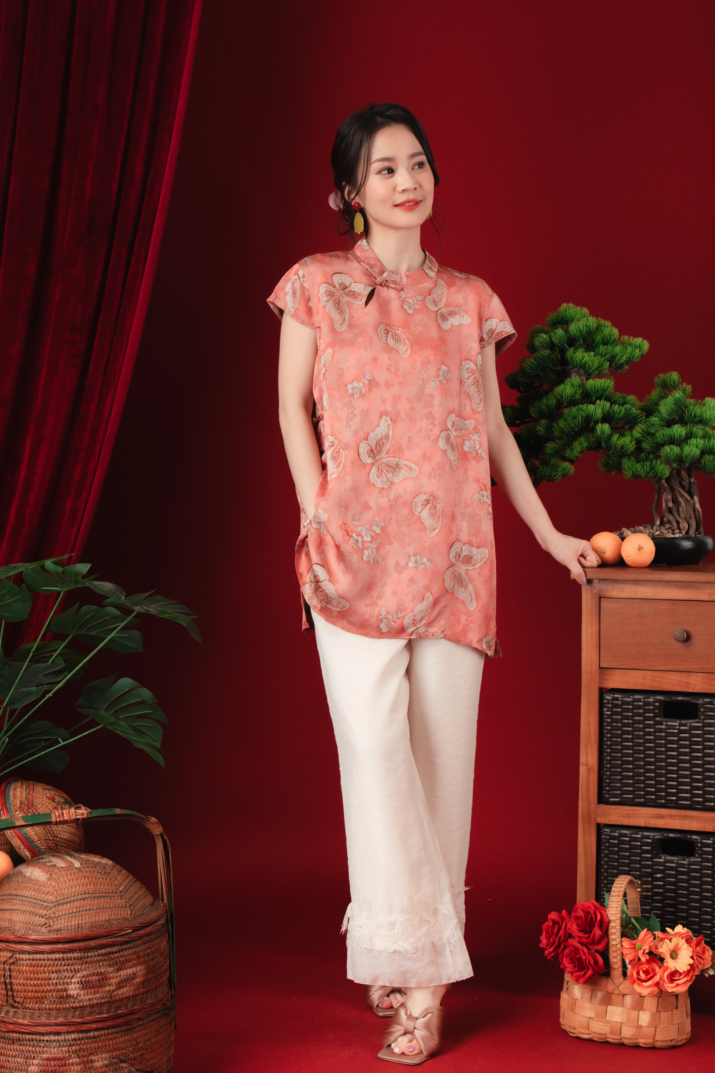 Lina Satin-Bloom Mandarin Blouse