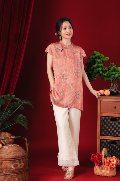 Lina Satin-Bloom Mandarin Blouse