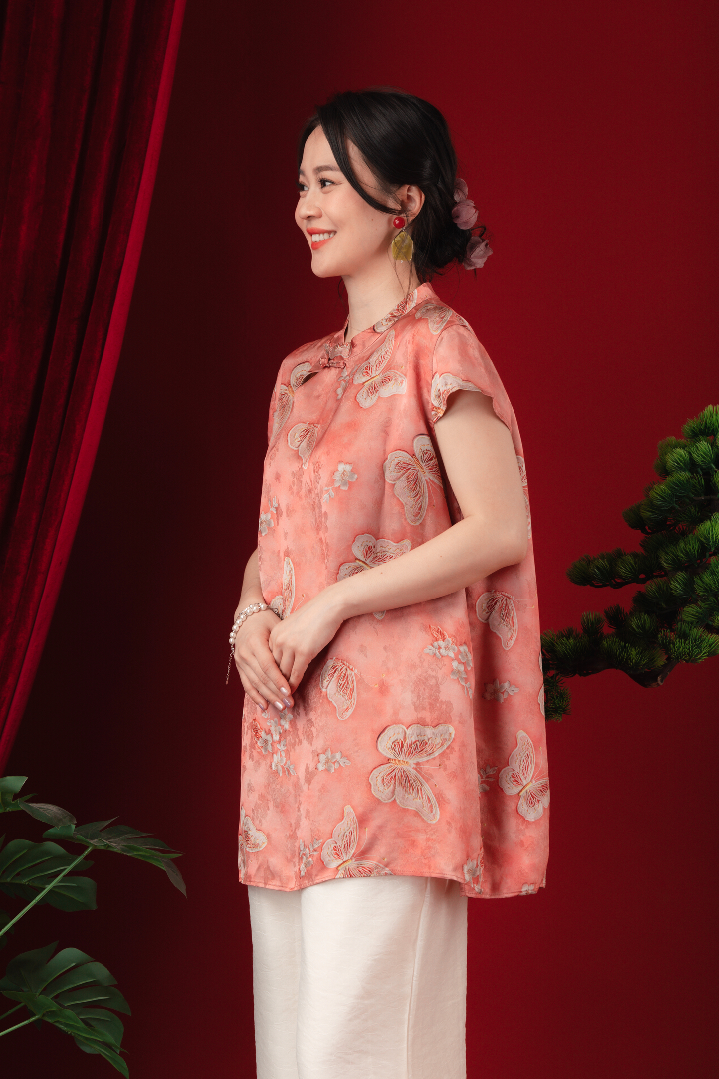 Lina Satin-Bloom Mandarin Blouse
