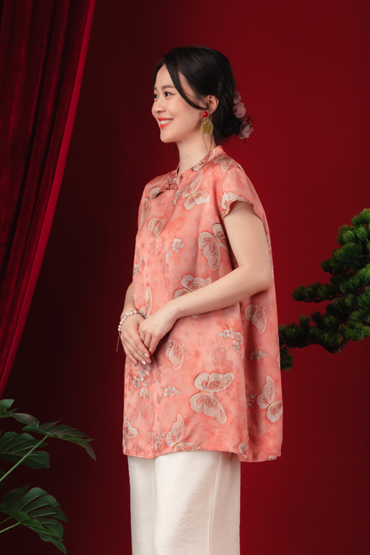Lina Satin-Bloom Mandarin Blouse