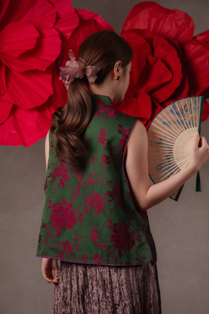 Corinne Peony Cheongsam Top in Green