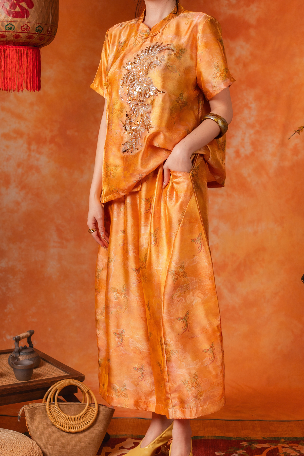 Petra Golden Cheongsam Top and Pants Set