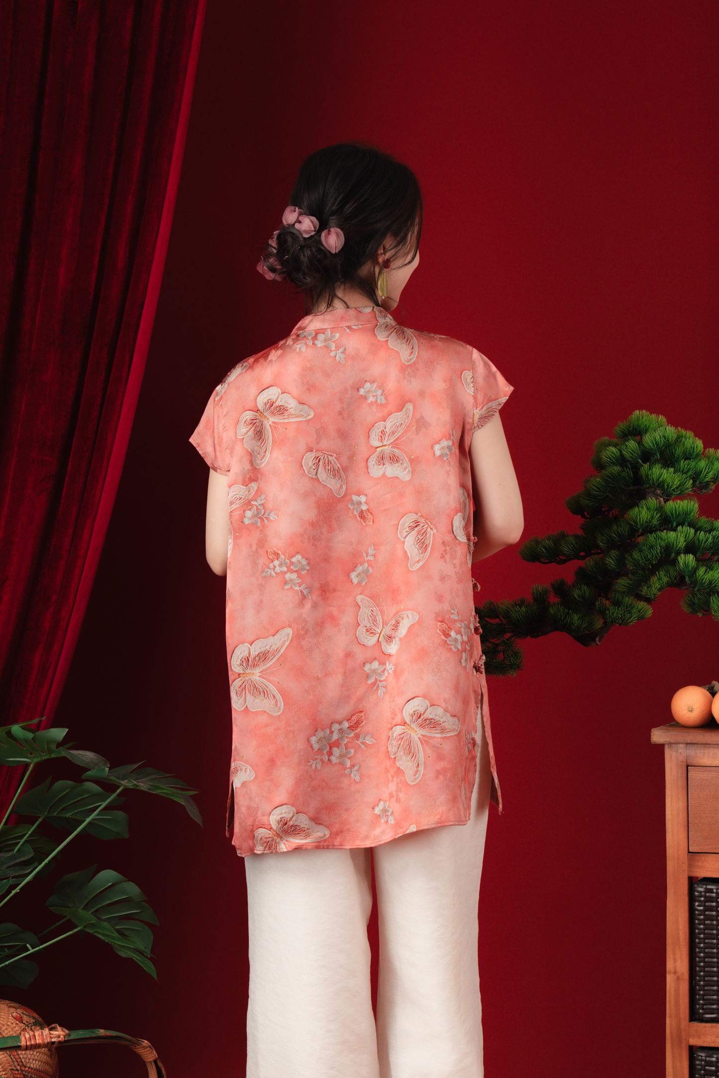 Lina Satin-Bloom Mandarin Blouse