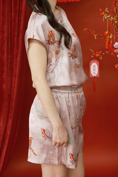 Lucille Butterfly Satin Set in Pink