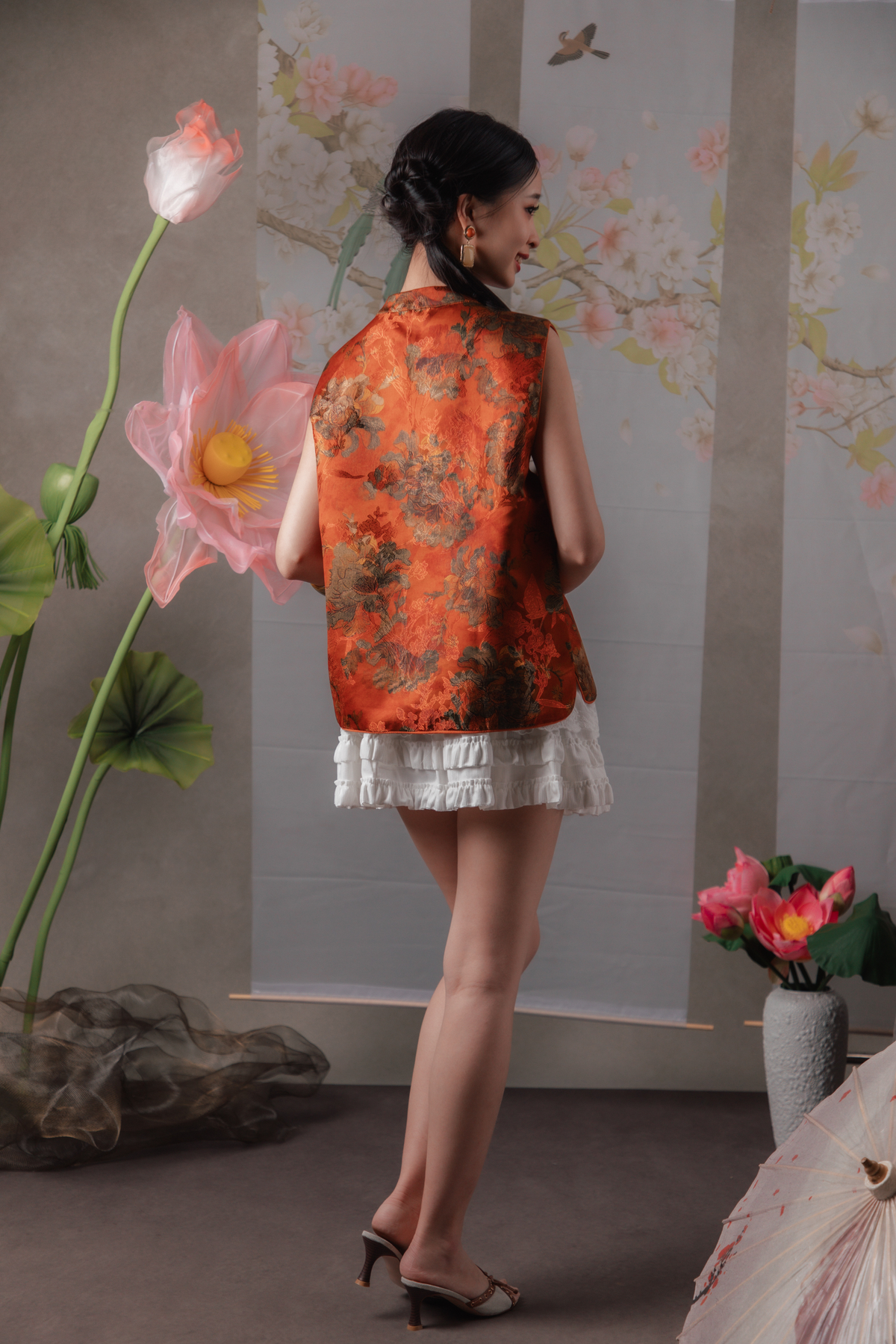 Sienna Crimson Cheongsam Vest in Burnt Orange