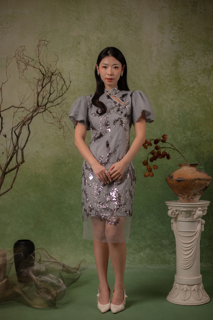 Celestial Sequin Cheongsam Dress in Blue
