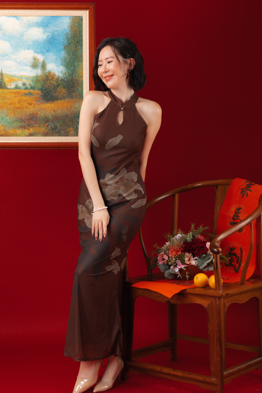Mocha Blossom Cheongsam Dress (In-Stock)