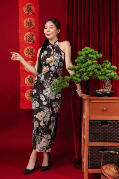 Noir Bloom Halter Cheongsam Dress