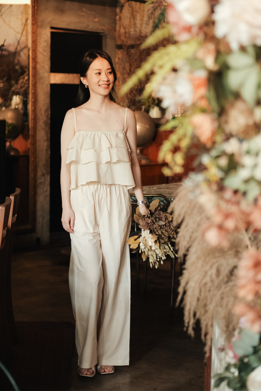 Lina Layered Ruffle Cami & Wide-Leg Pants in Beige