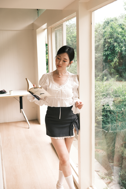 Ribbon Lace-Trim Mini Skirt in Grey