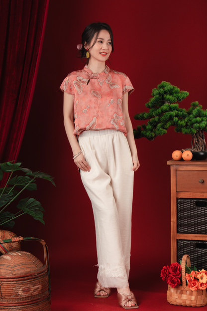 Lina Satin-Bloom Mandarin Blouse