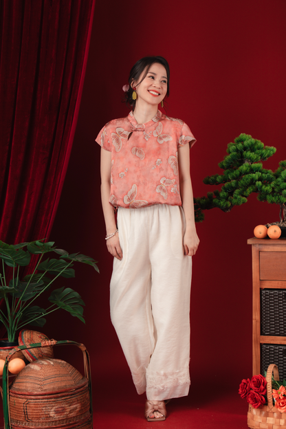 Lina Satin-Bloom Mandarin Blouse
