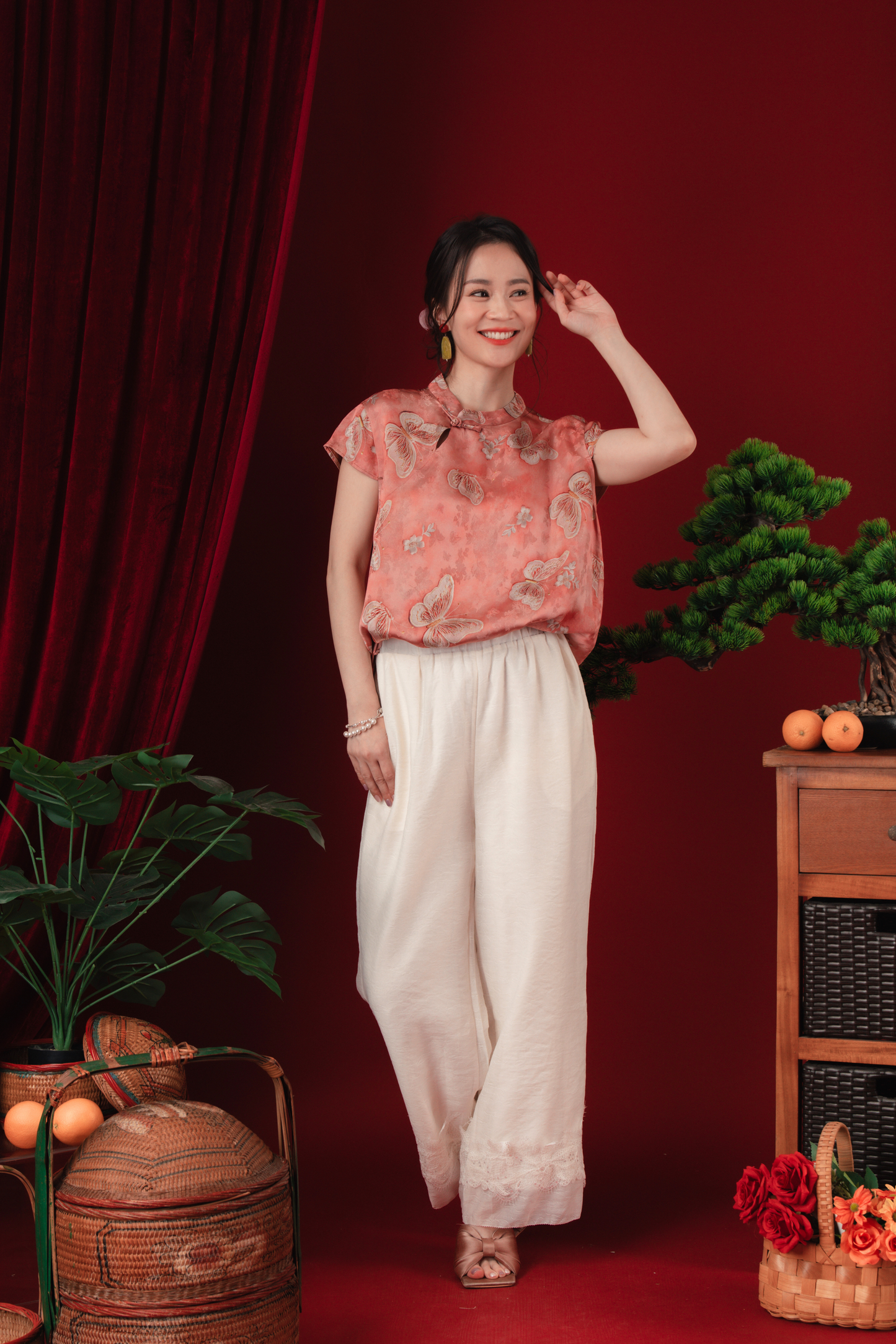 Lina Satin-Bloom Mandarin Blouse