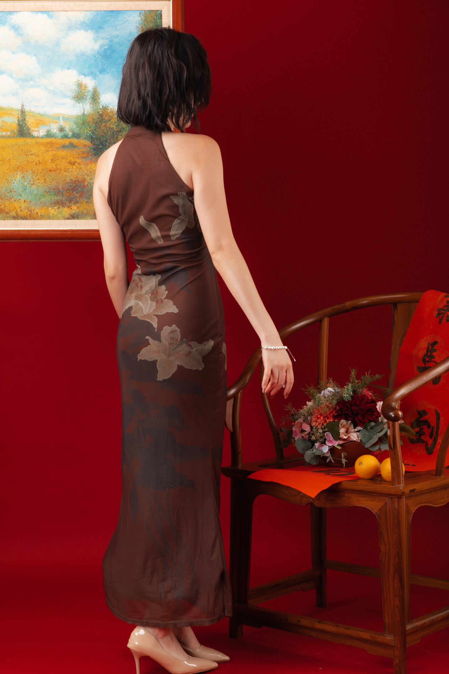 Mocha Blossom Cheongsam Dress (In-Stock)