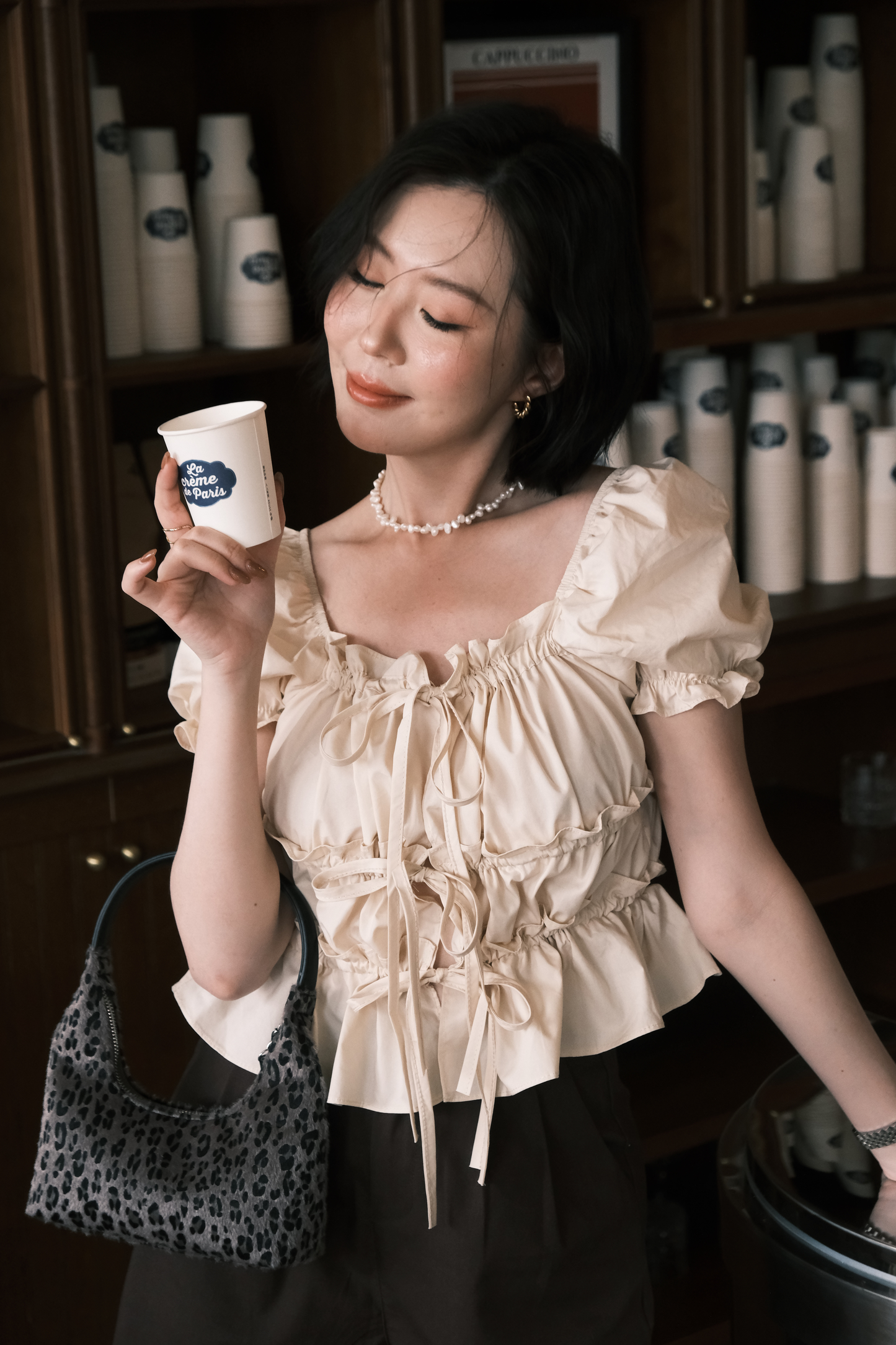 Noelle Ruched Tie Blouse in Beige