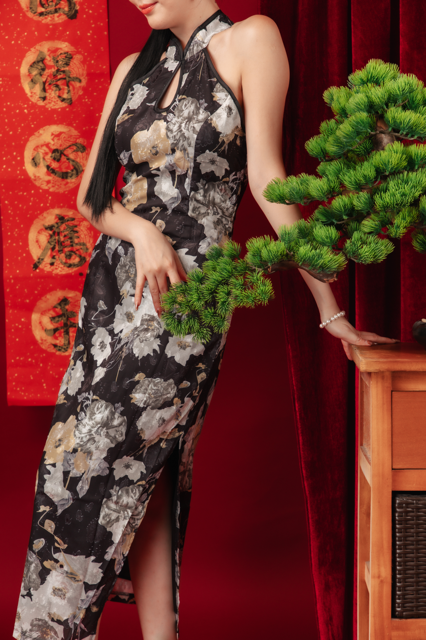 Noir Bloom Halter Cheongsam Dress