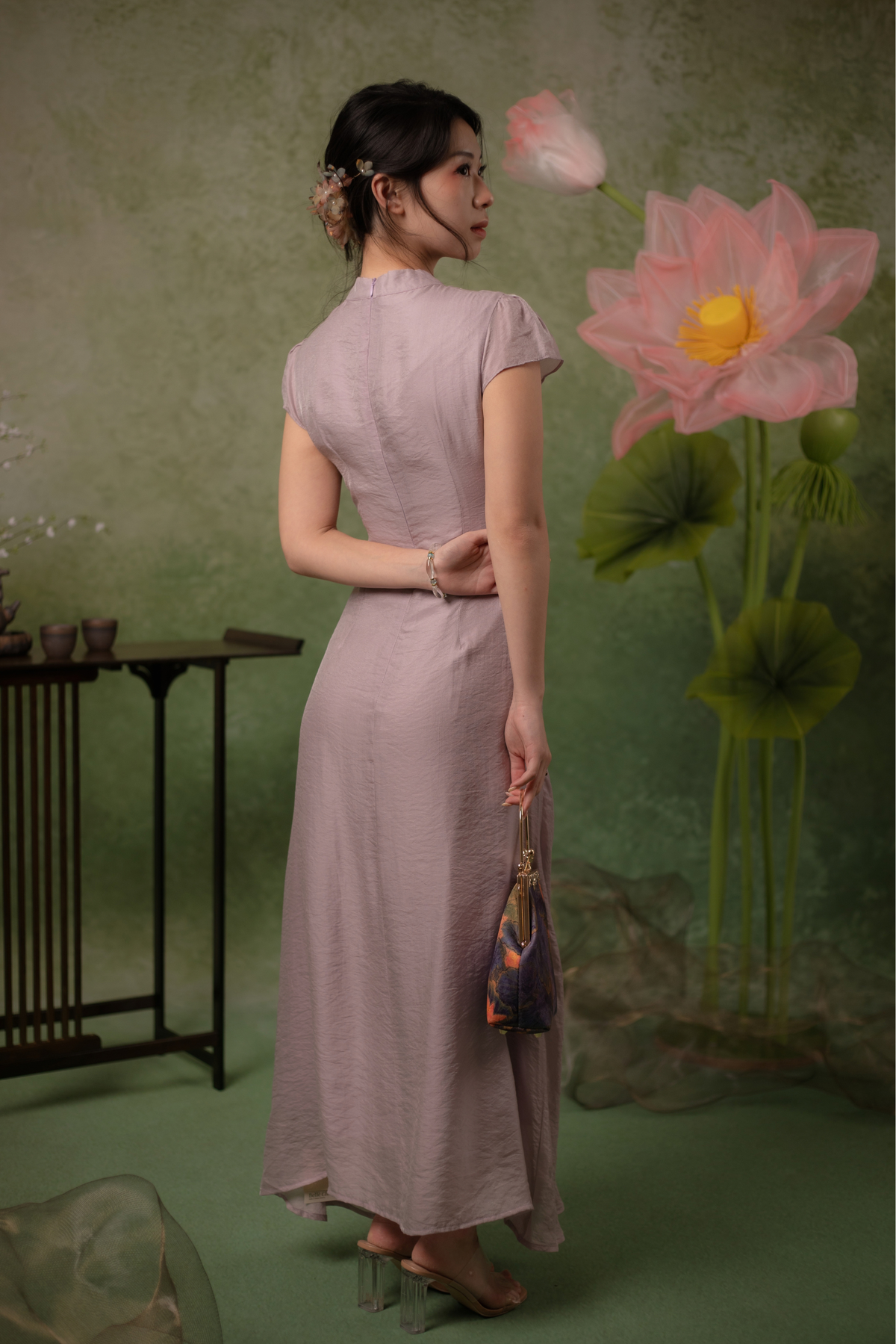 Serene Bloom Cheongsam Dress in Dusty Mauve