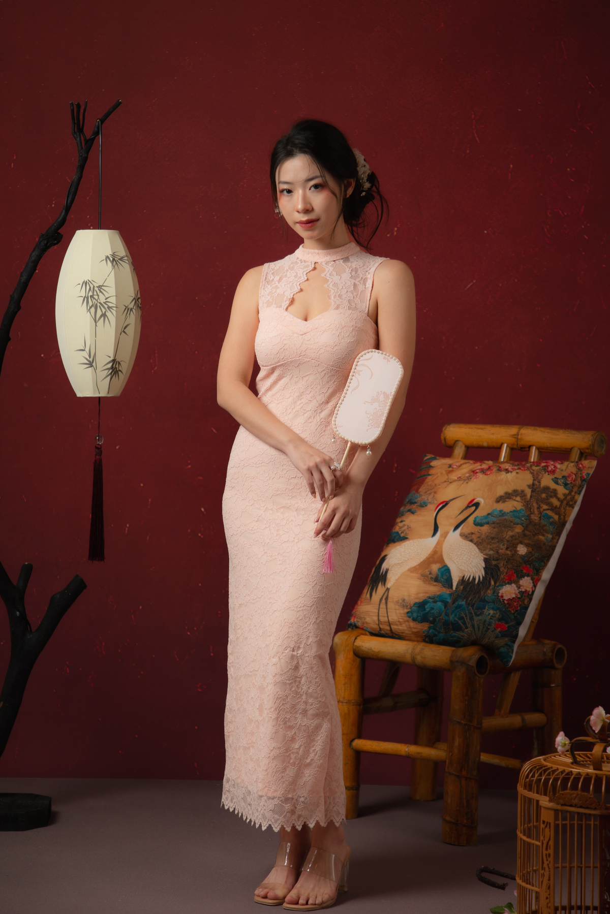 Roselle Lace Cheongsam Dress in Blush Pink