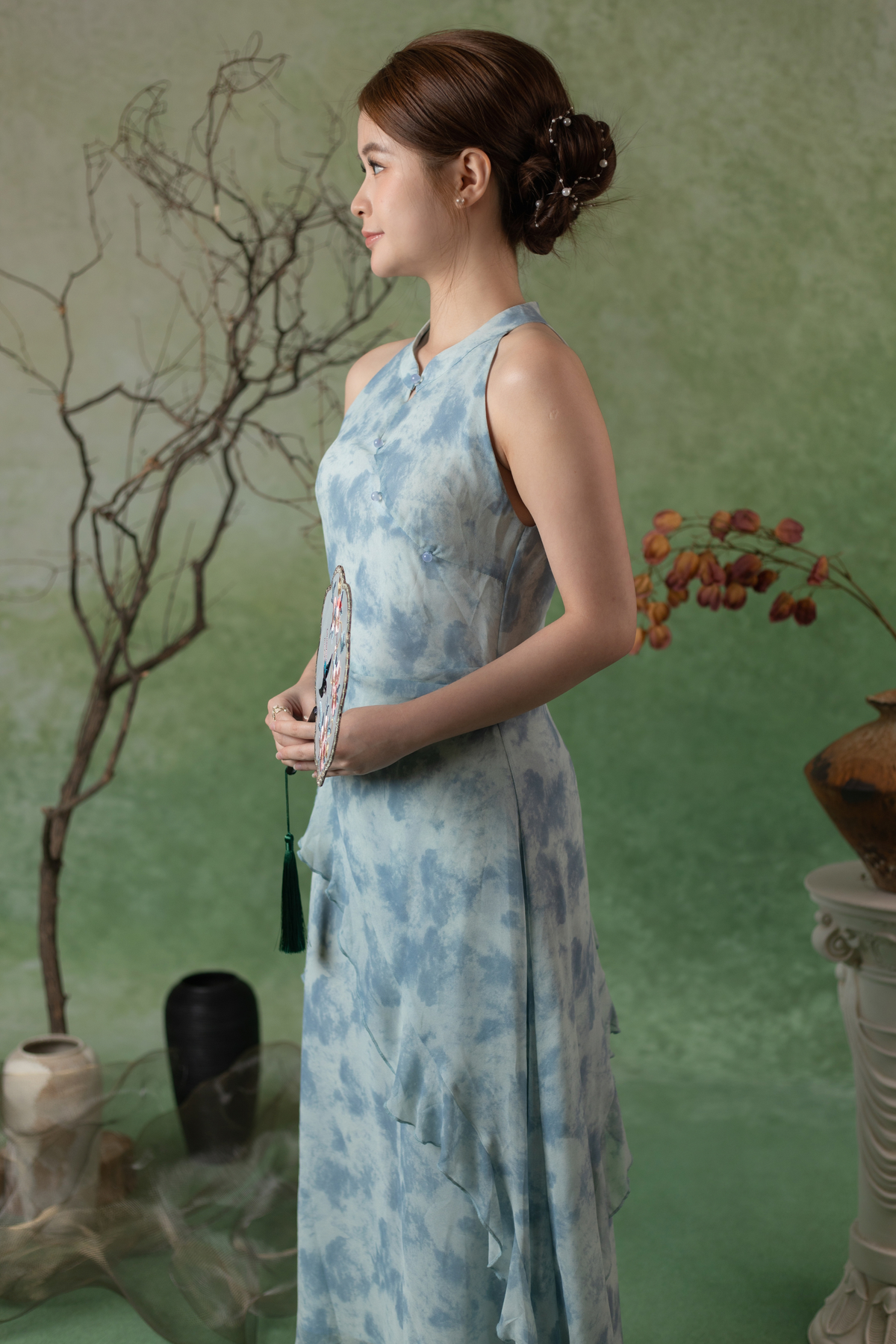 Rosalie Rêve Ruffle Cheongsam Dress in Dusty Blue