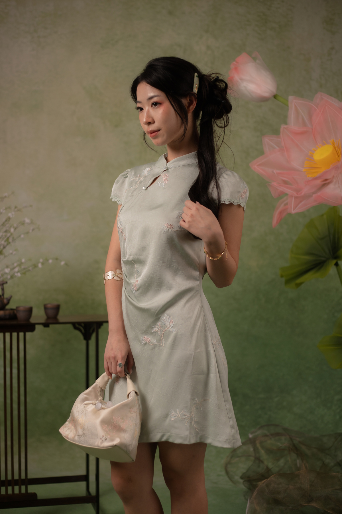 Jasmine Blossom Cheongsam Dress in Sage