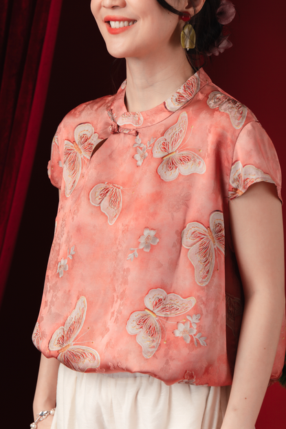 Lina Satin-Bloom Mandarin Blouse
