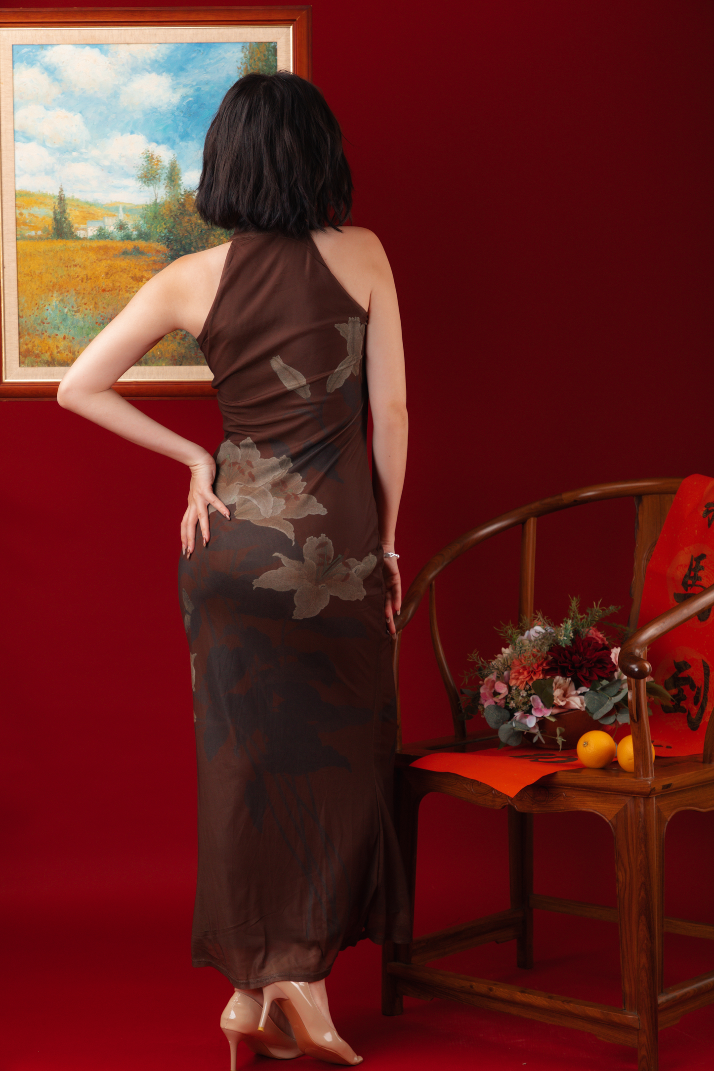 Mocha Blossom Cheongsam Dress (In-Stock)