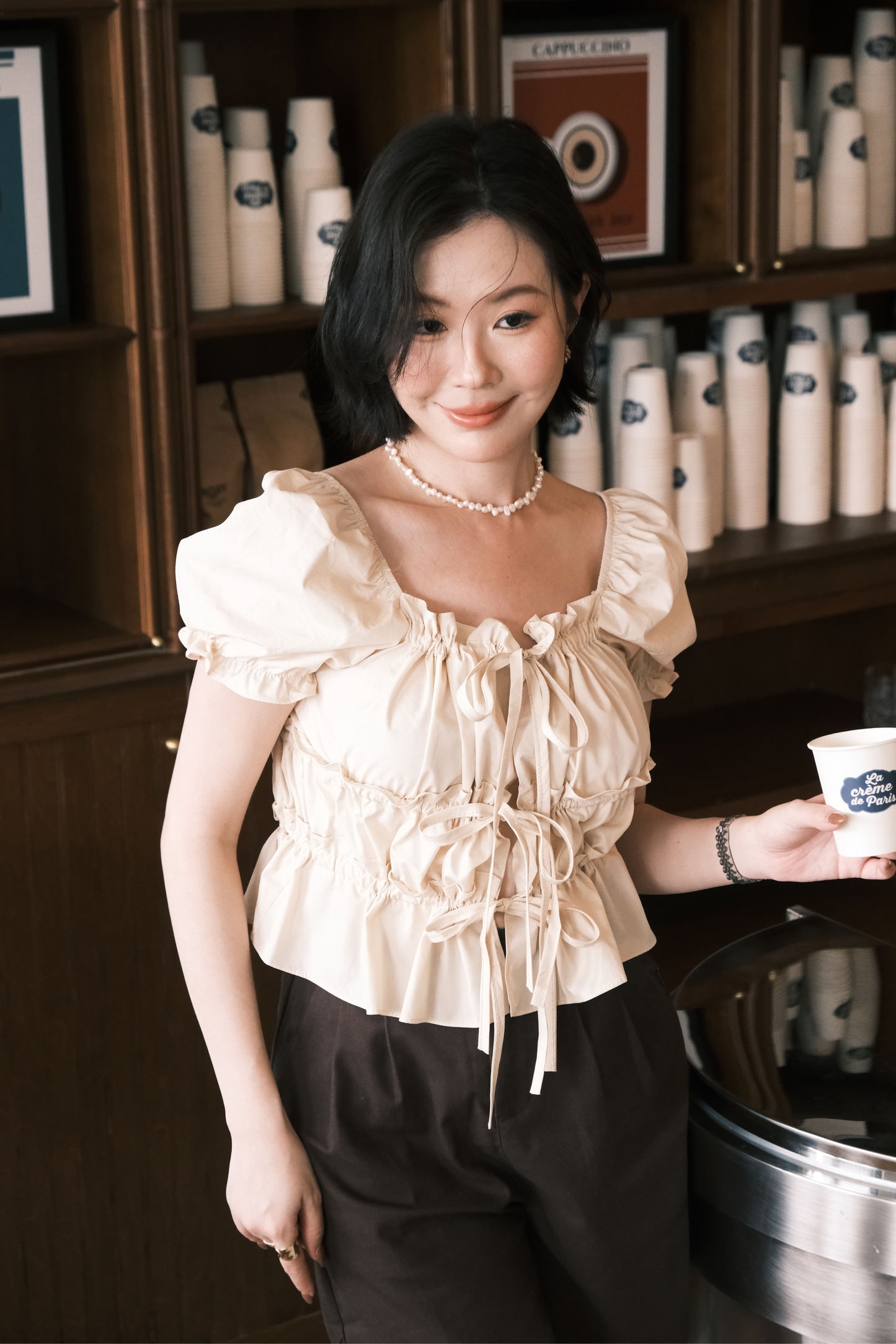 Noelle Ruched Tie Blouse in Beige