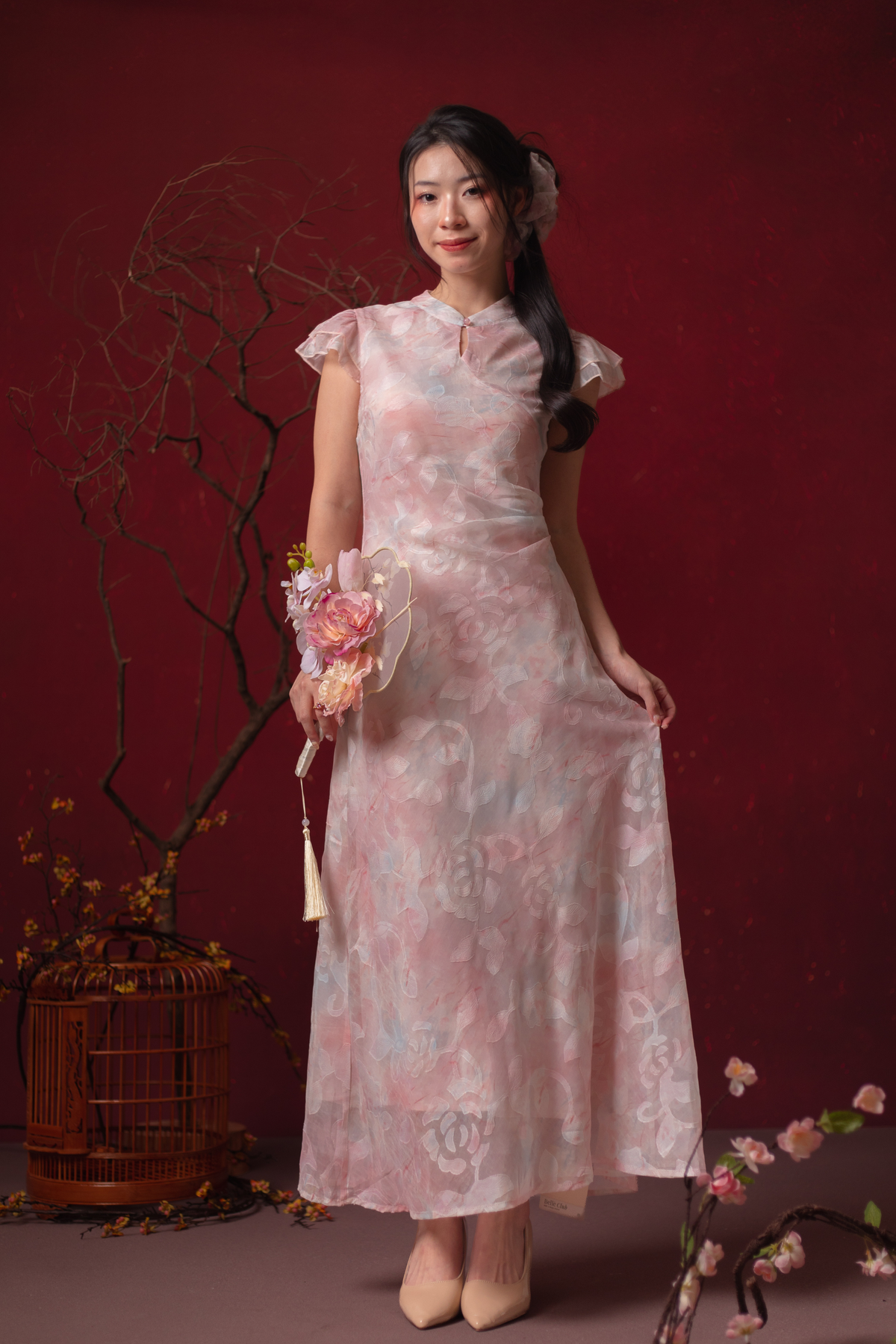 Fleur Rosée Cheongsam Dress in Blush Pink