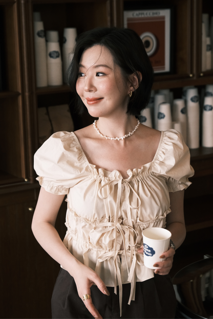 Noelle Ruched Tie Blouse in Beige