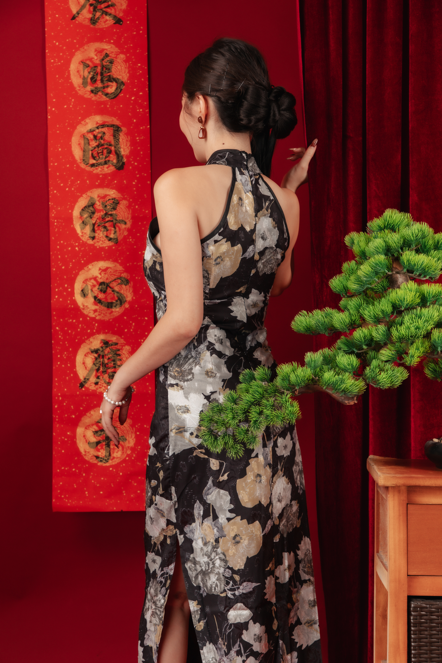 Noir Bloom Halter Cheongsam Dress