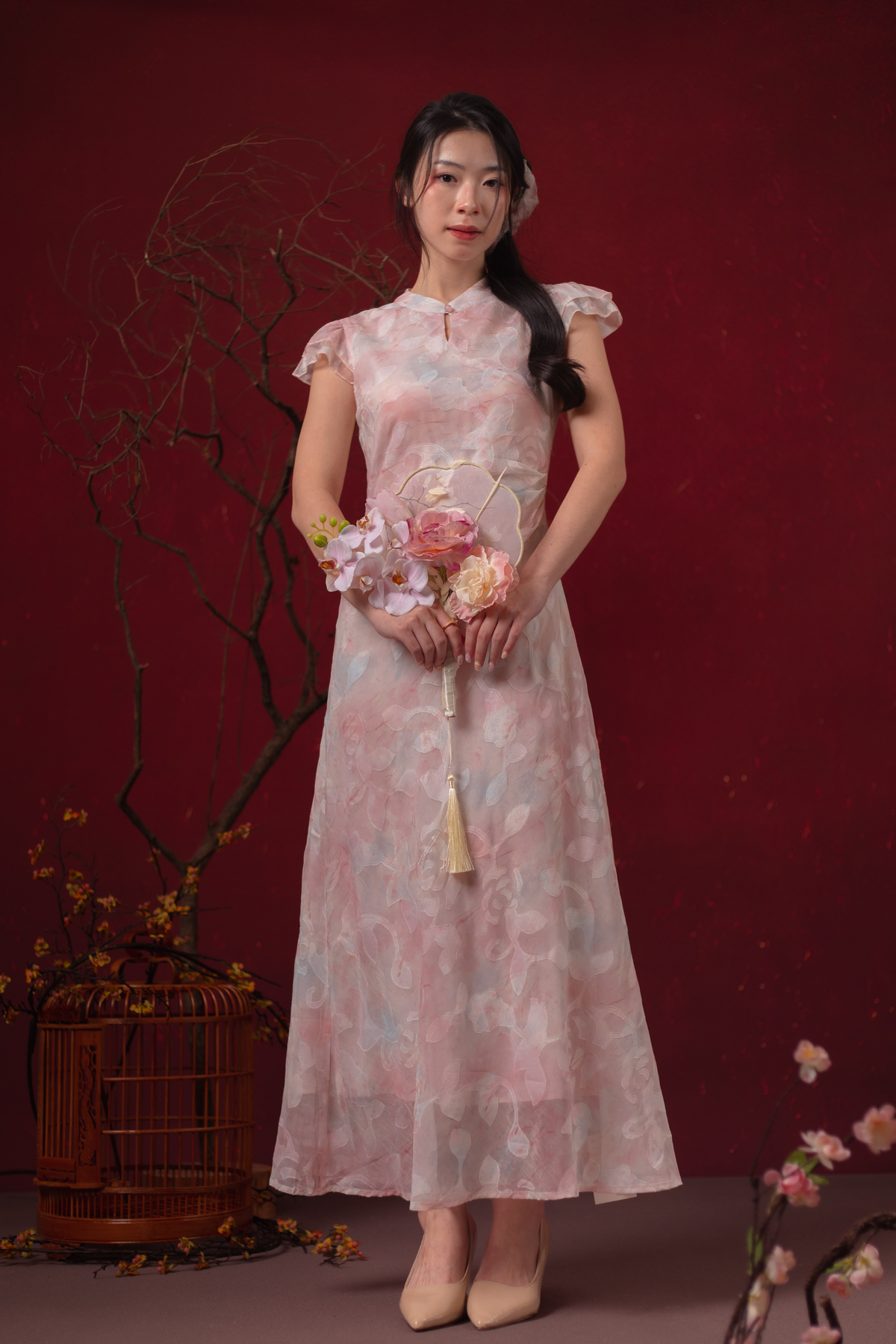 Fleur Rosée Cheongsam Dress in Blush Pink