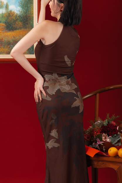 Mocha Blossom Cheongsam Dress (In-Stock)