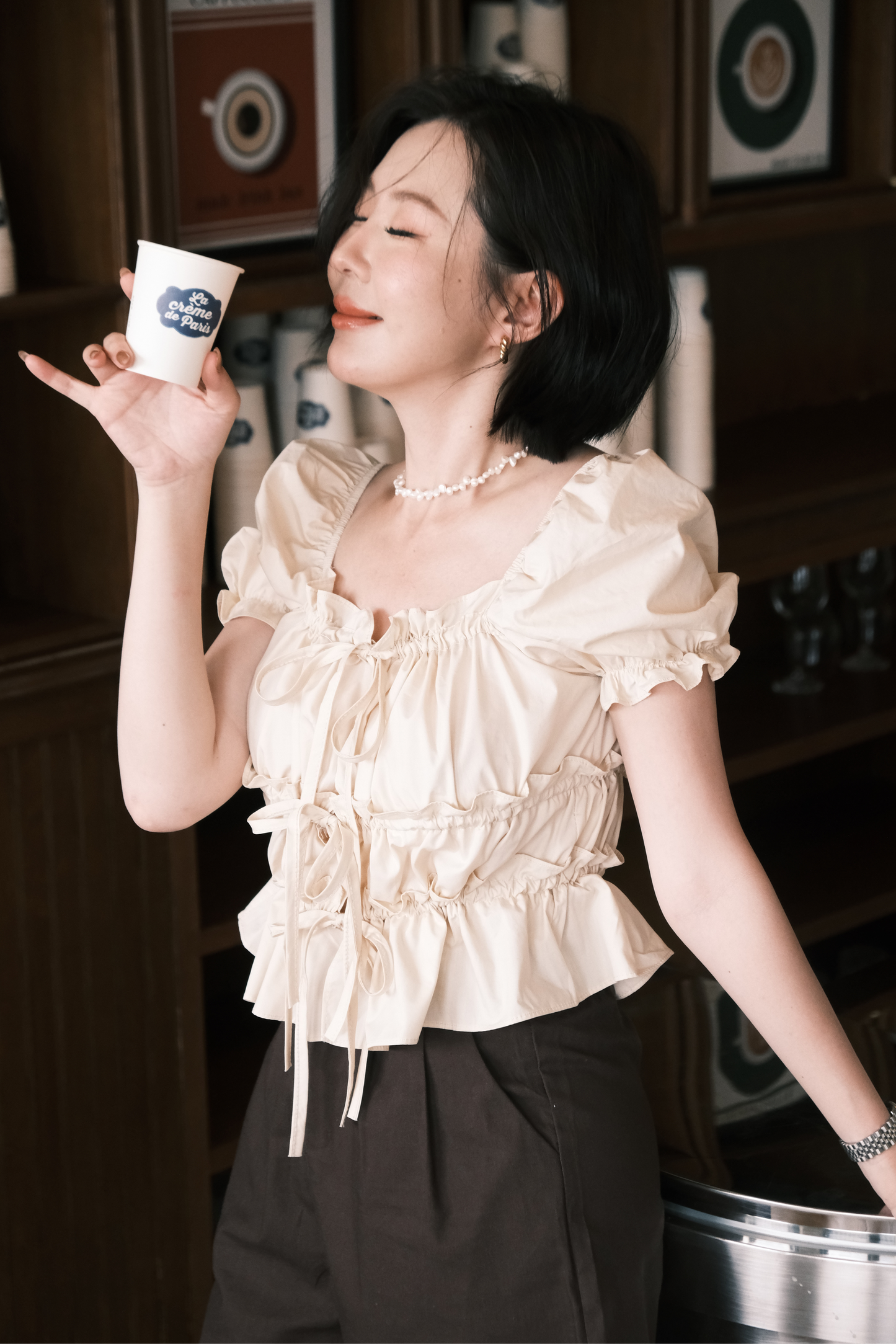 Noelle Ruched Tie Blouse in Beige