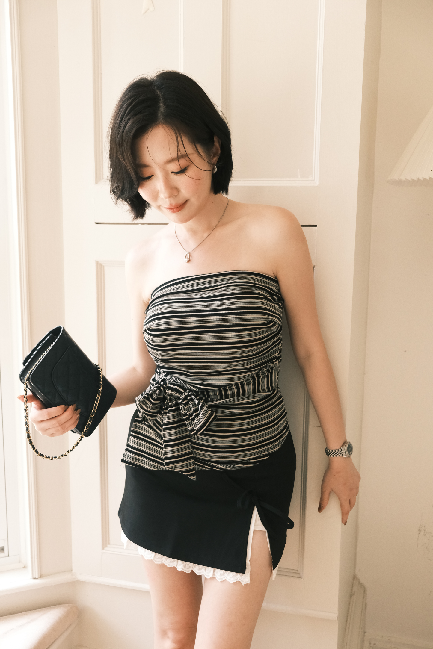 Ribbon Lace-Trim Mini Skirt in Black