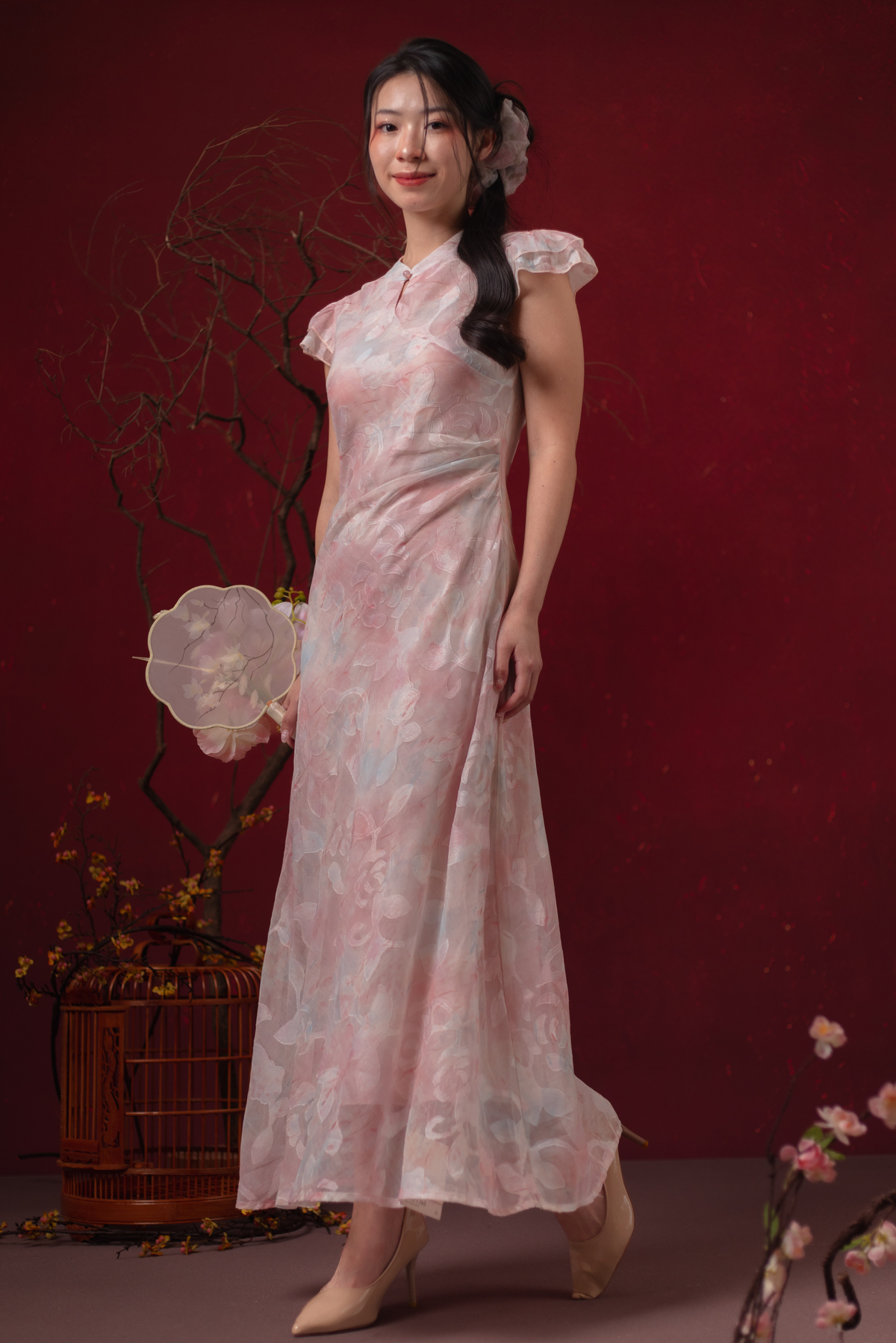 Fleur Rosée Cheongsam Dress in Blush Pink