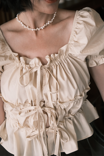 Noelle Ruched Tie Blouse in Beige