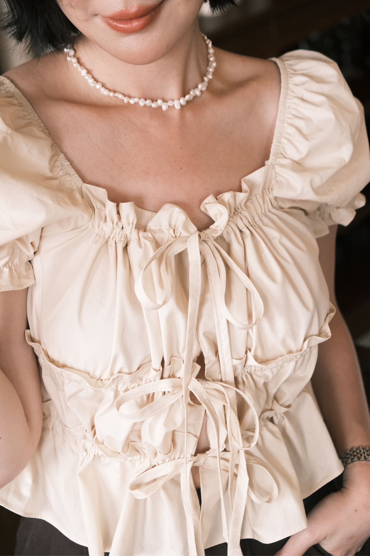 Noelle Ruched Tie Blouse in Beige