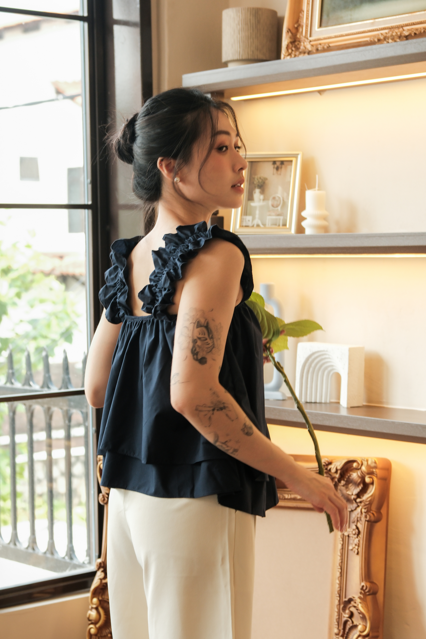 Aurélie Ruffled Babydoll Top in Dark Blue