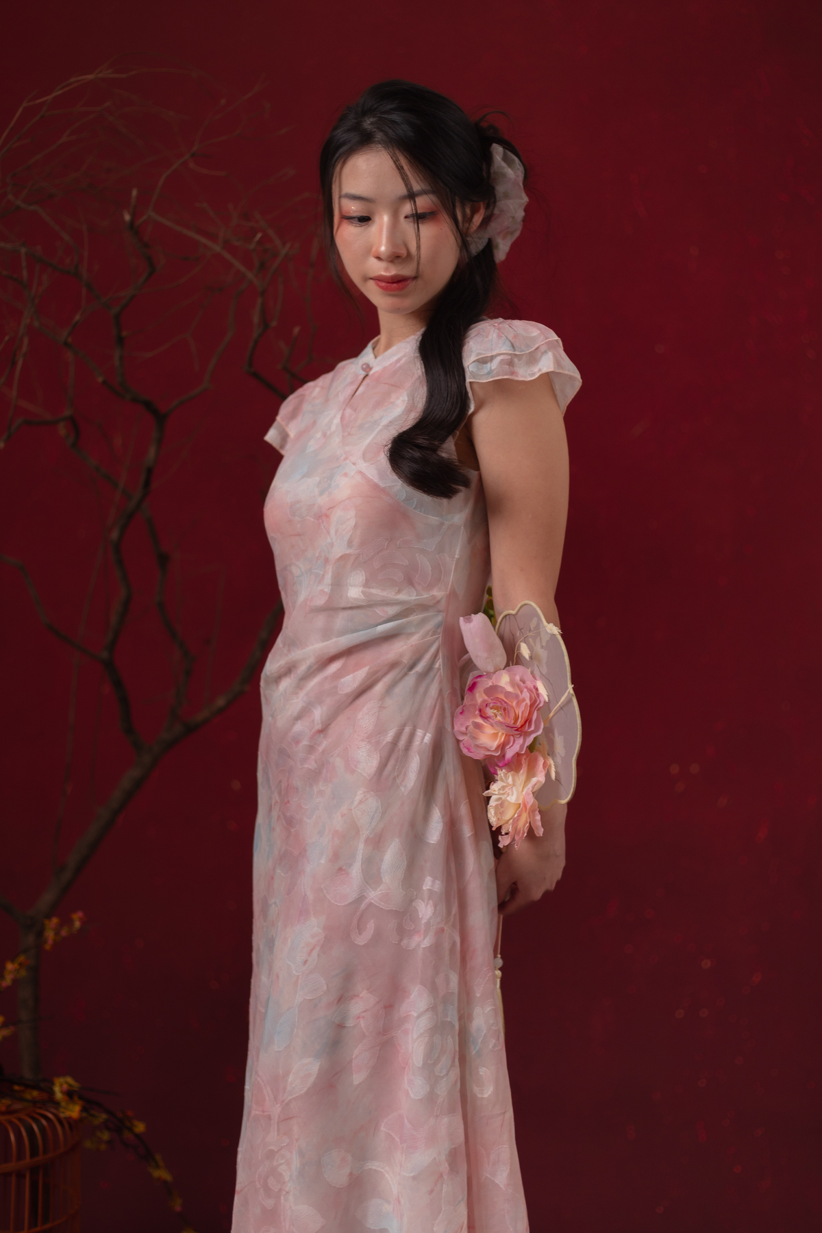 Fleur Rosée Cheongsam Dress in Blush Pink