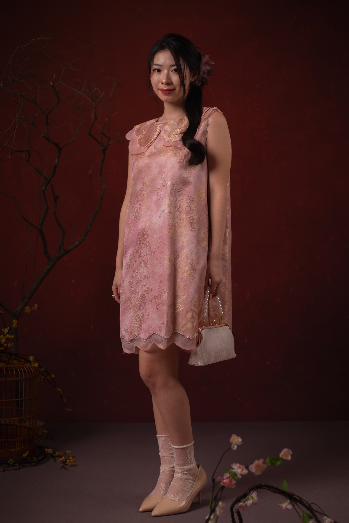 Elara Lotus Cheongsam Dress in Pink