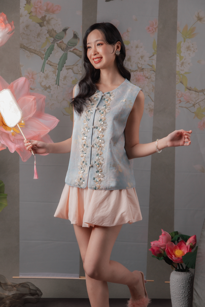 Briony Beaded Floral Cheongsam Vest in Blue