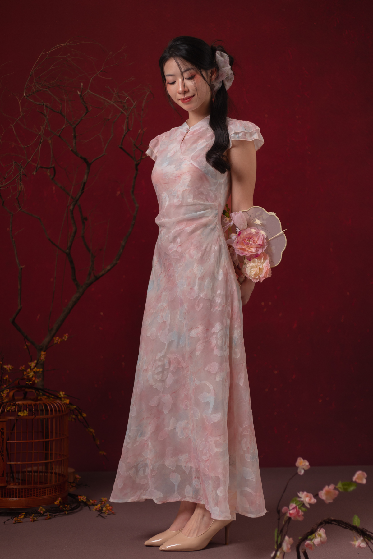 Fleur Rosée Cheongsam Dress in Blush Pink