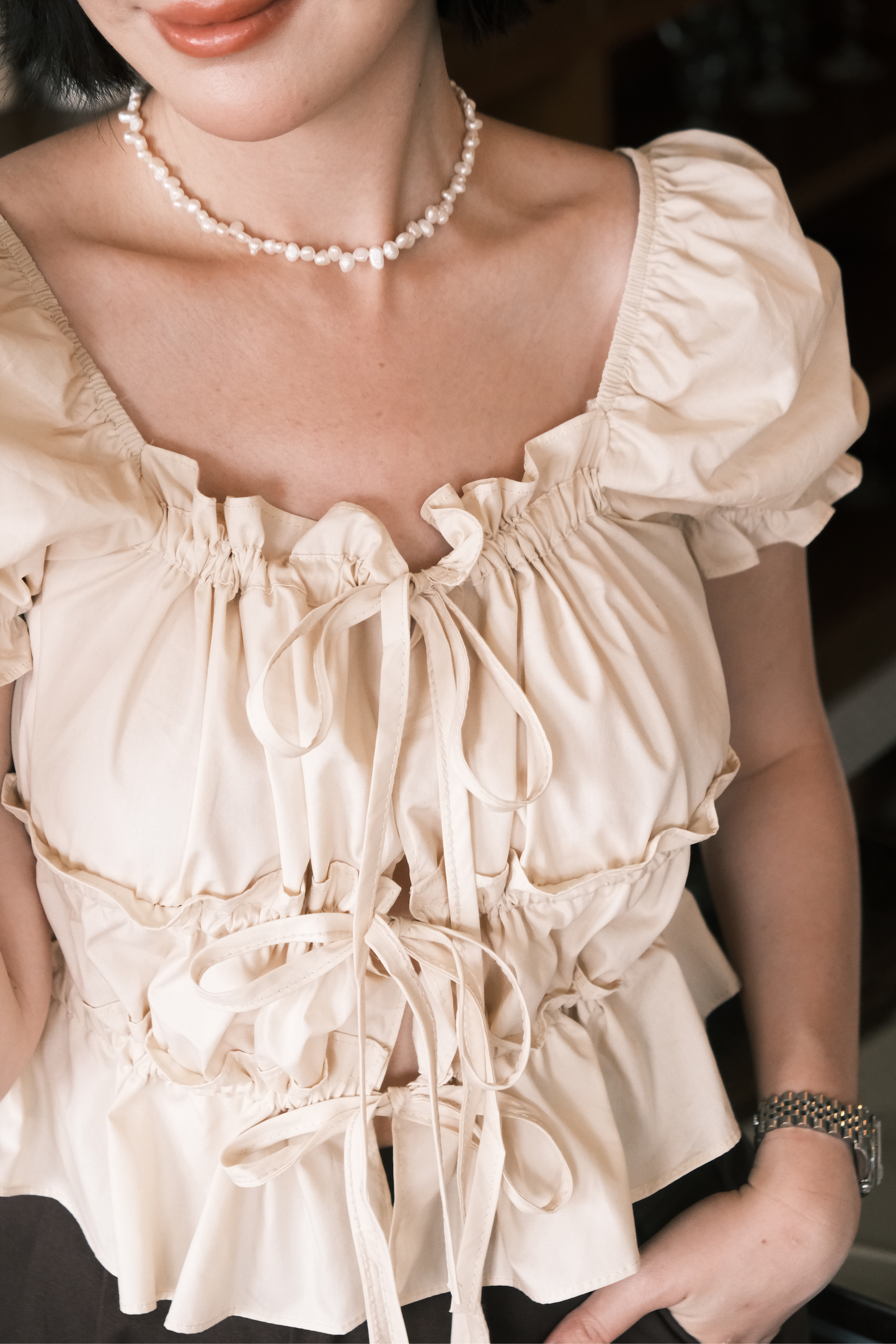 Noelle Ruched Tie Blouse in Beige