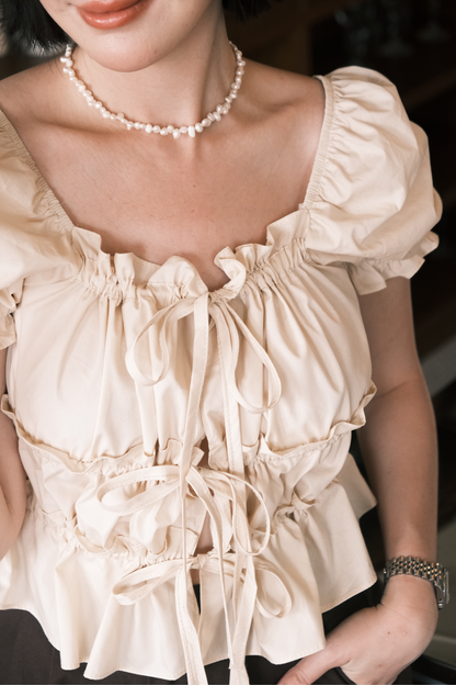 Noelle Ruched Tie Blouse in Beige
