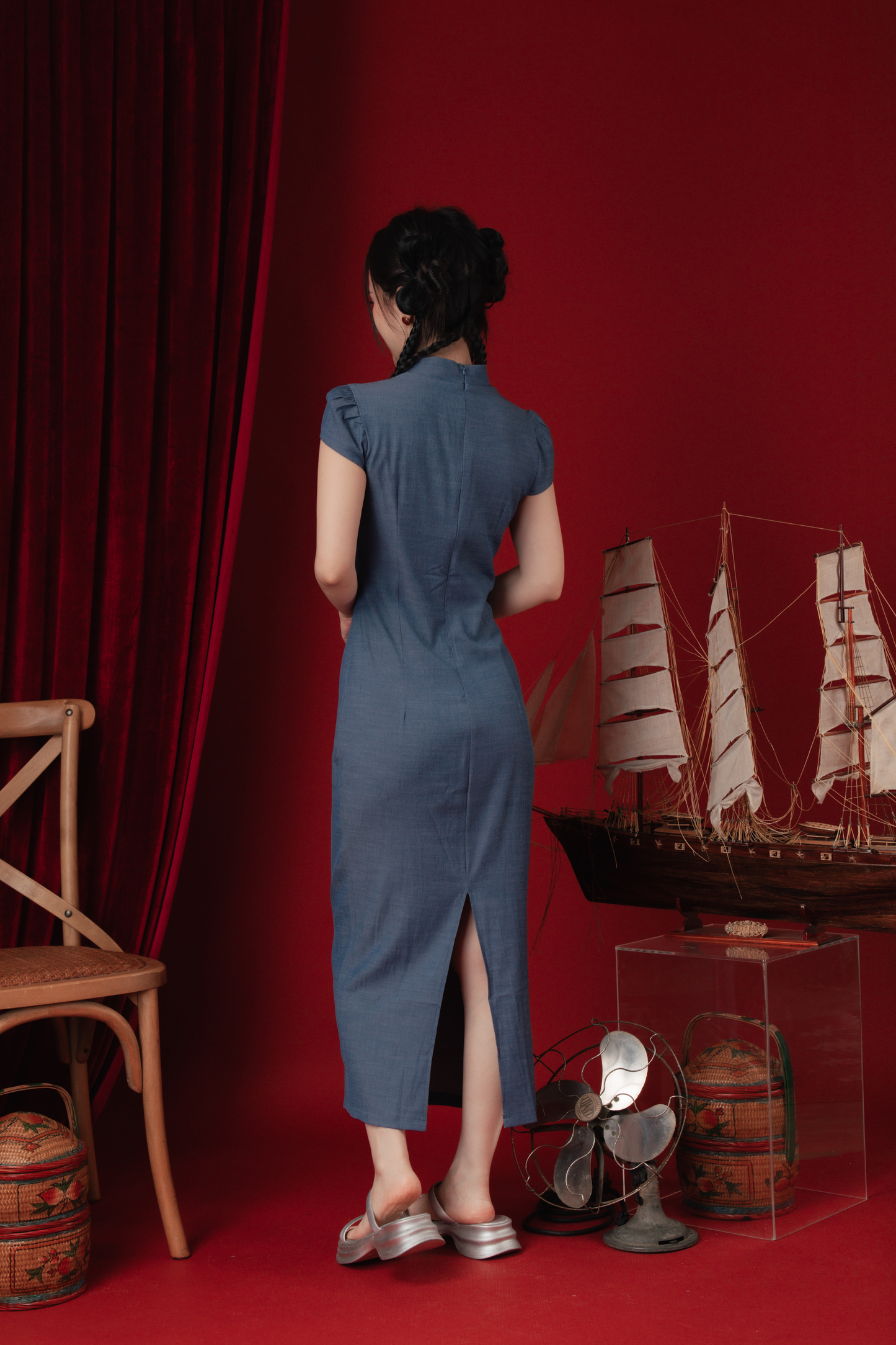 Denim Sculpt Cheongsam Midi Dress