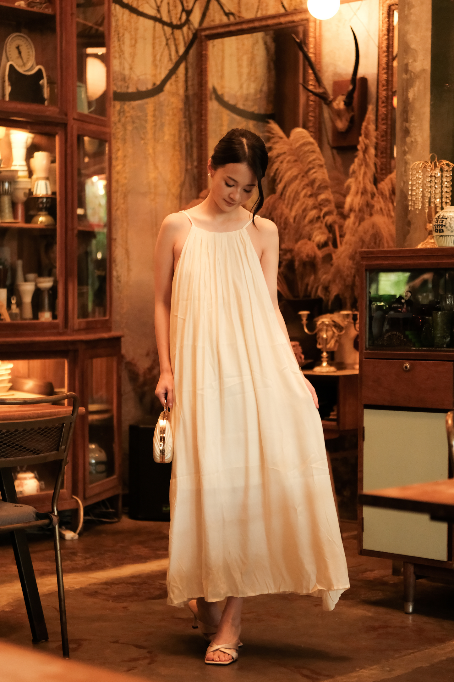 Solène Draped Back Maxi Dress in Beige